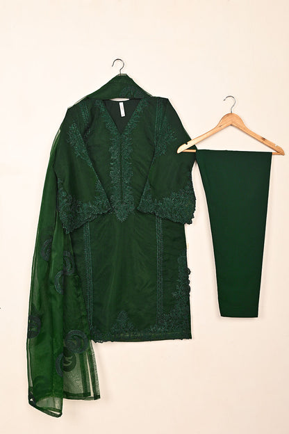 RTW-263-Bottle Green - 3Pc Ready to Wear Cut Work Embroidered Organza Dress