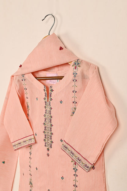 TKF-133-Peach - Kids 3Pc Ready to Wear Embroidered Slub Cotton Dress