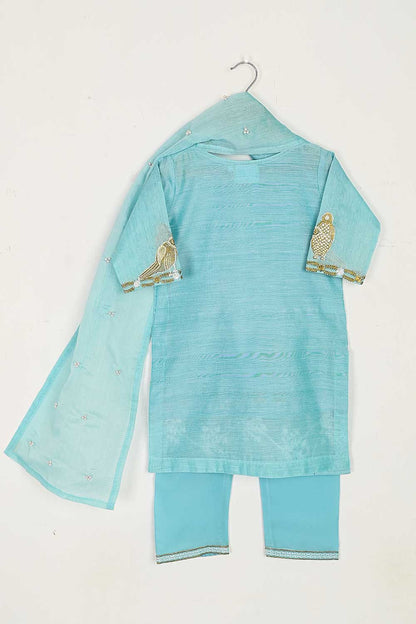 TKF-36-SkyBlue - Kids 3Pc Paper Cotton Dress With Malai Trouser