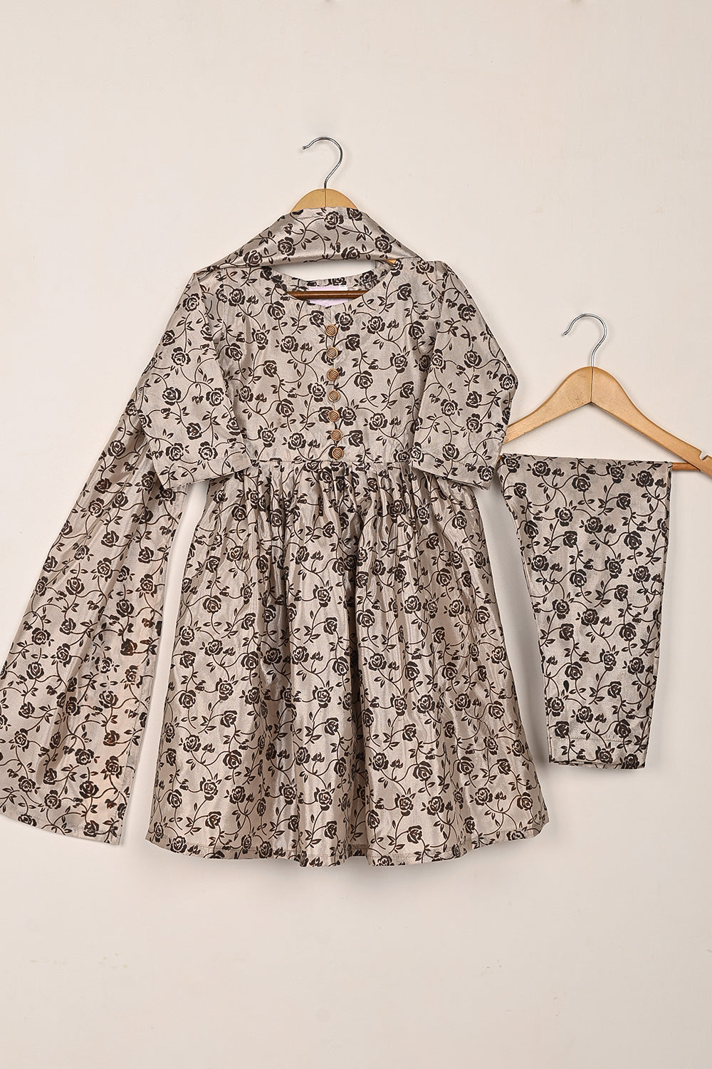 TKF-255-Beige - Kids 3Pc Ready to Wear Silk Printed Frock