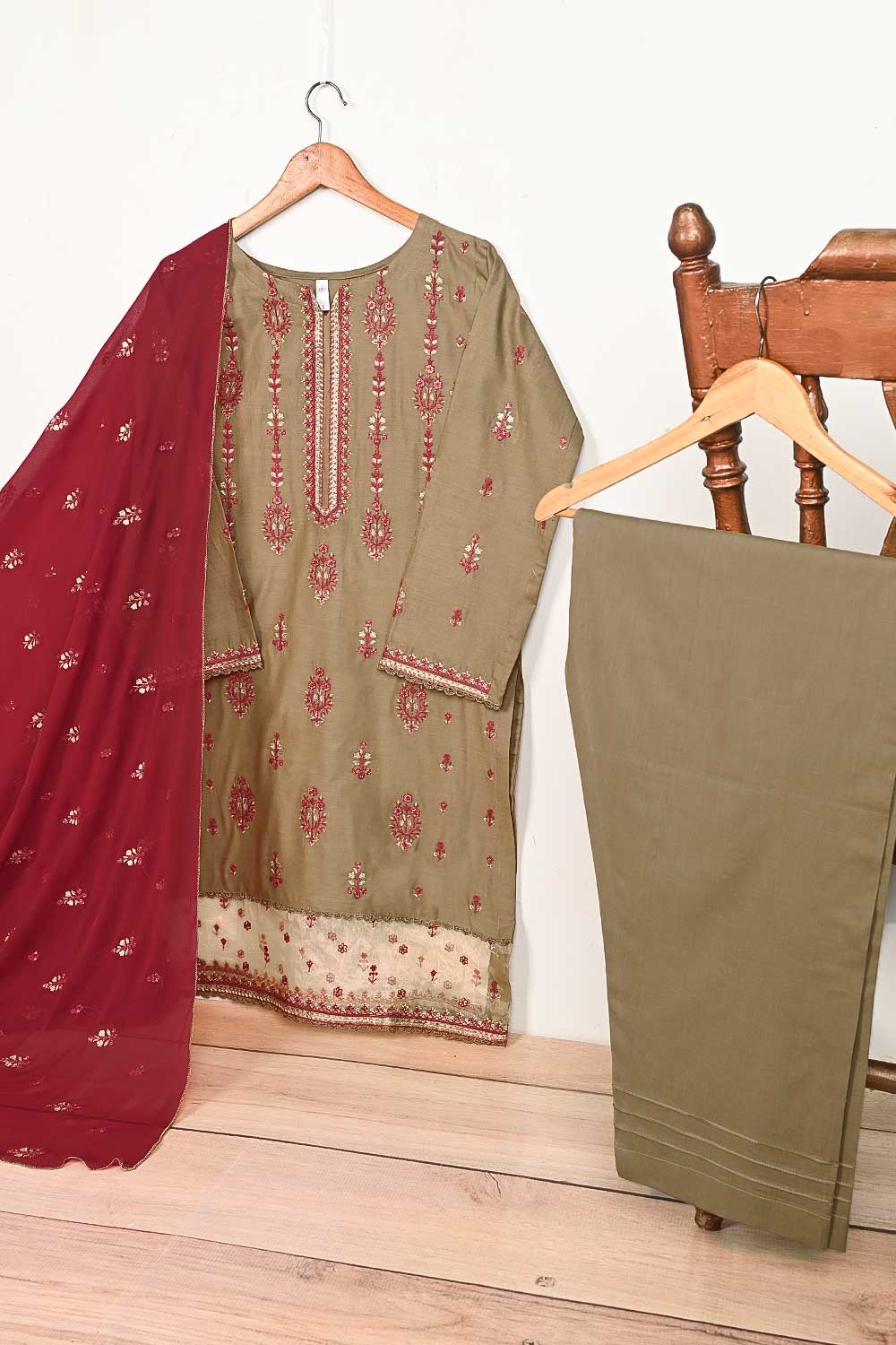 3SP-14B-Brown - 3PC COTTON EMBROIDERED Dress With Chiffon Embroidered Dupatta