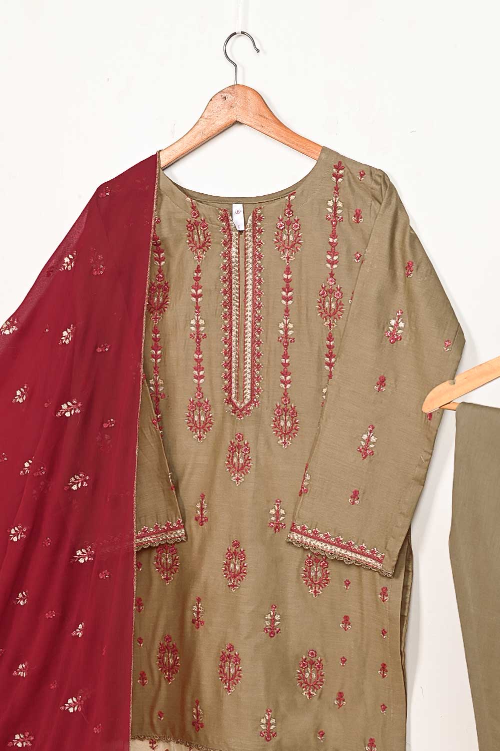 3SP-14B-Brown - 3PC COTTON EMBROIDERED Dress With Chiffon Embroidered Dupatta