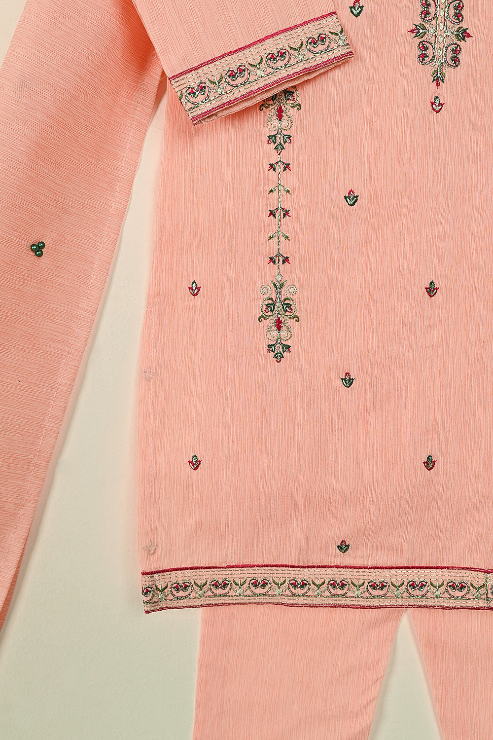 TKF-133-Peach - Kids 3Pc Ready to Wear Embroidered Slub Cotton Dress