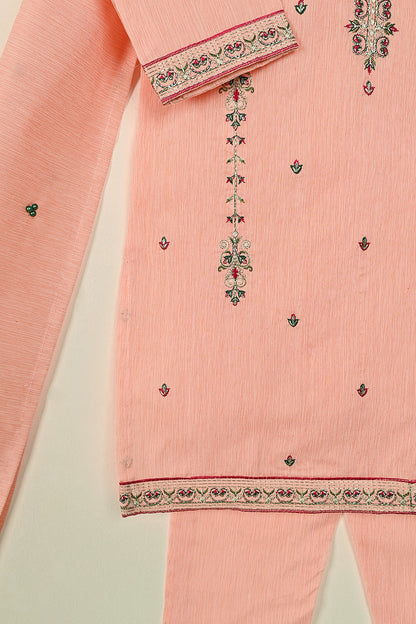 TKF-133-Peach - Kids 3Pc Ready to Wear Embroidered Slub Cotton Dress