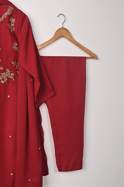 RTW-259-Red - 3Pc Ready to Wear Embroidered Adda Work Chiffon Dress