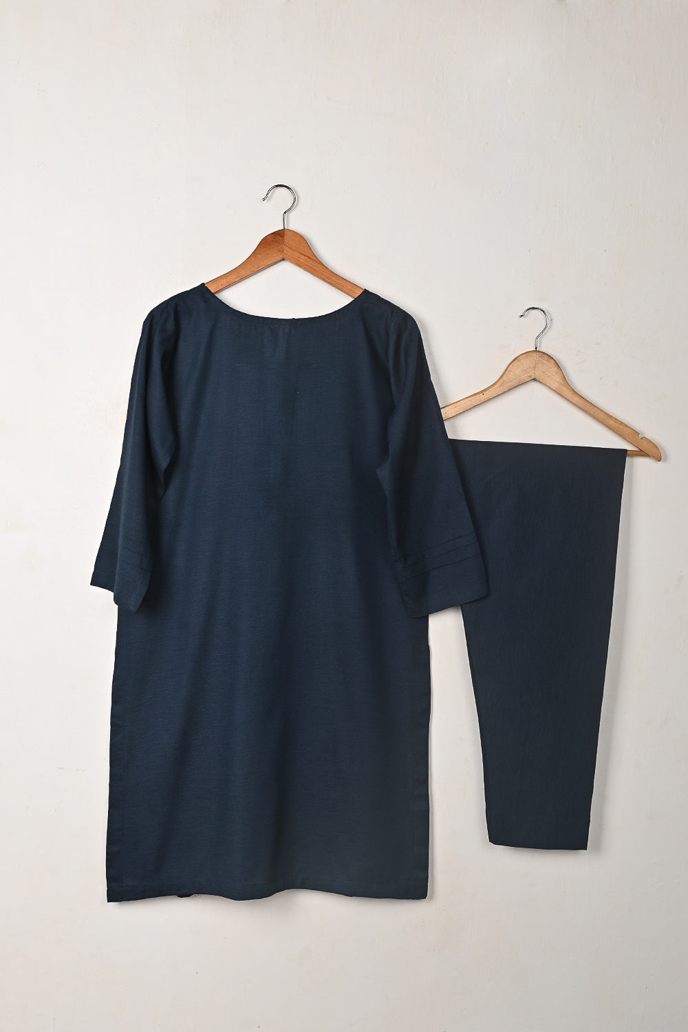 STP-272A- Navy Blue - 2Pc Ready to Wear Cotton Slub Solid Dress