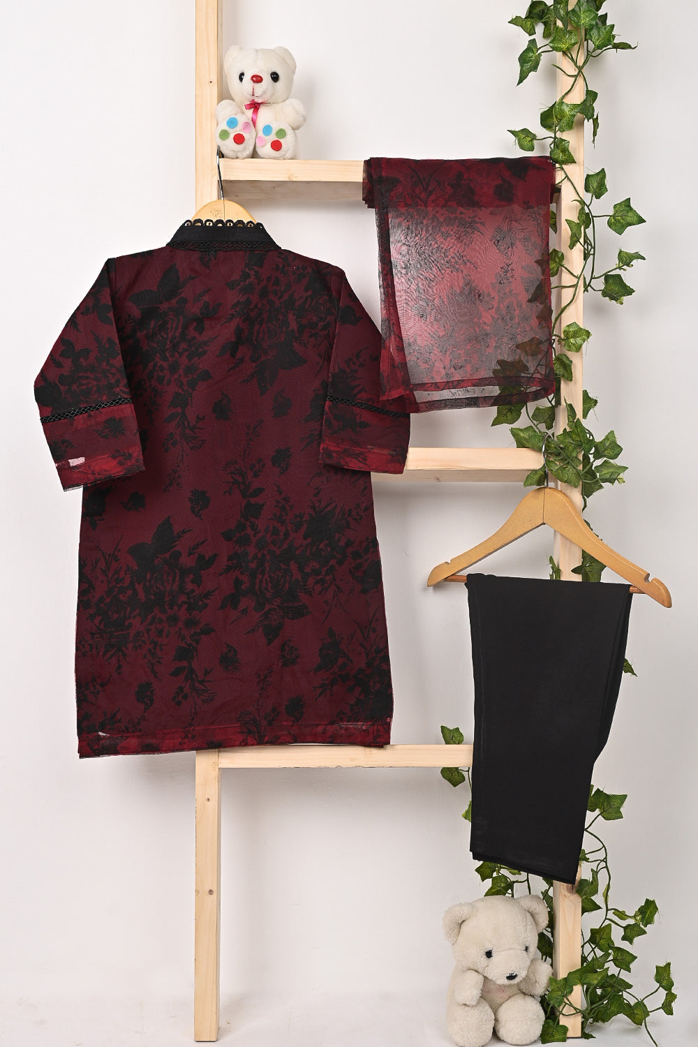 TKF-320-Maroon - Kids 3Pc Ready to Wear Organza Printed Dress