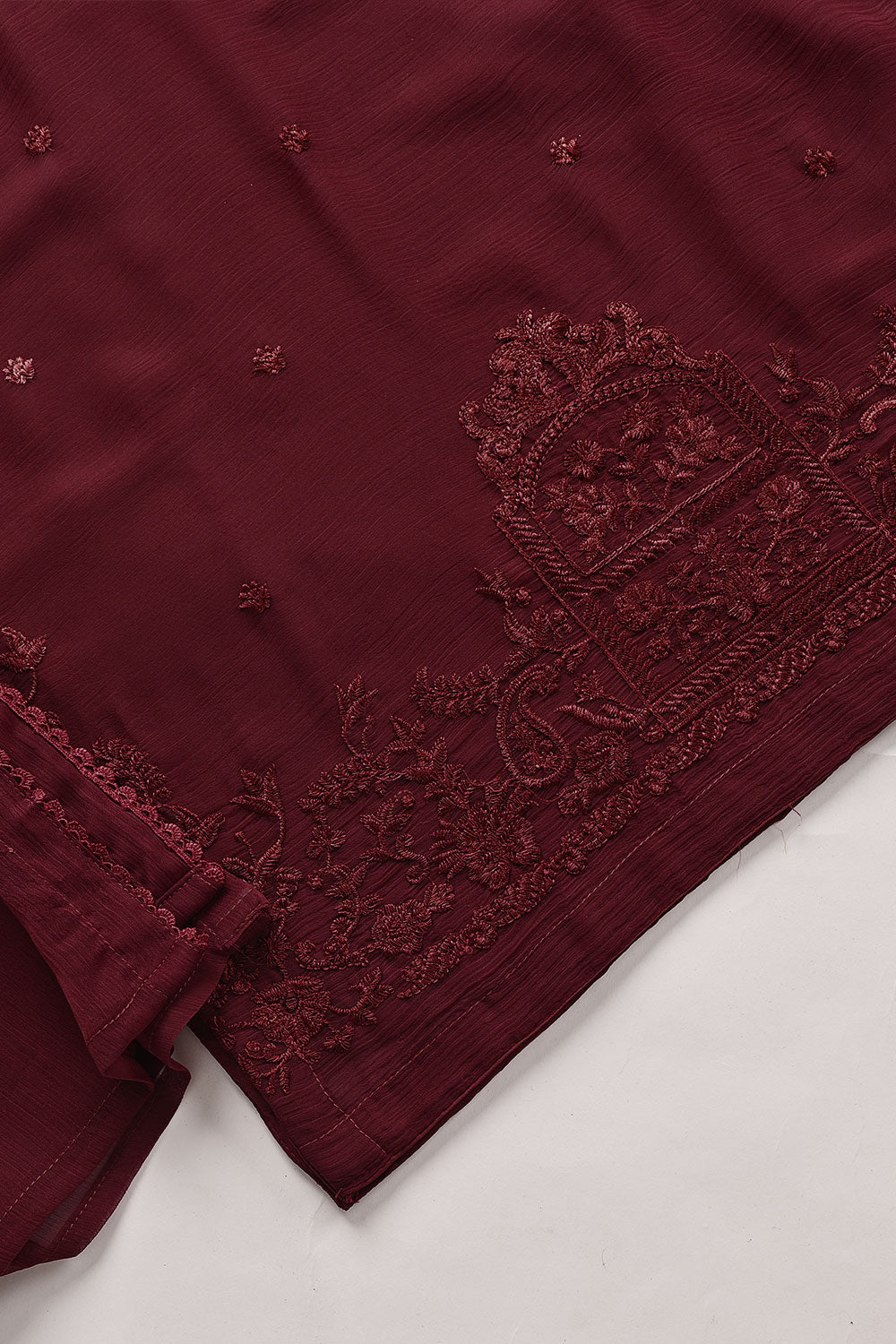 RTW-196-Maroon -  3Pc Ready to Wear Embroidered Chiffon Dress