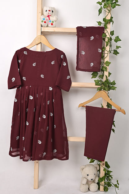 TKF-321-Maroon - Kids 3Pc Ready to Wear Chiffon Embroidered Frock