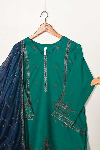 3SP-13A-Green - 3PC COTTON EMBROIDERED Dress With Chiffon Embroidered Dupatta