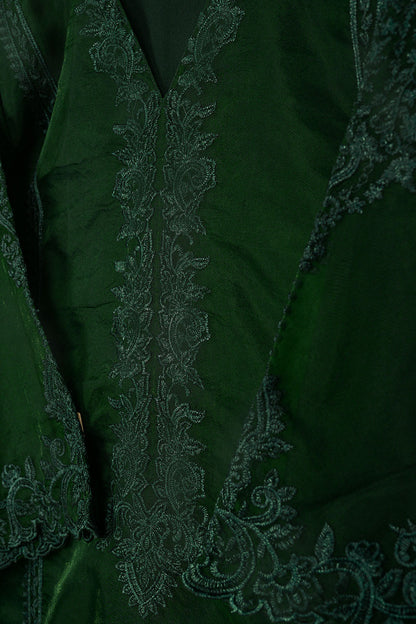 RTW-263-Bottle Green - 3Pc Ready to Wear Cut Work Embroidered Organza Dress