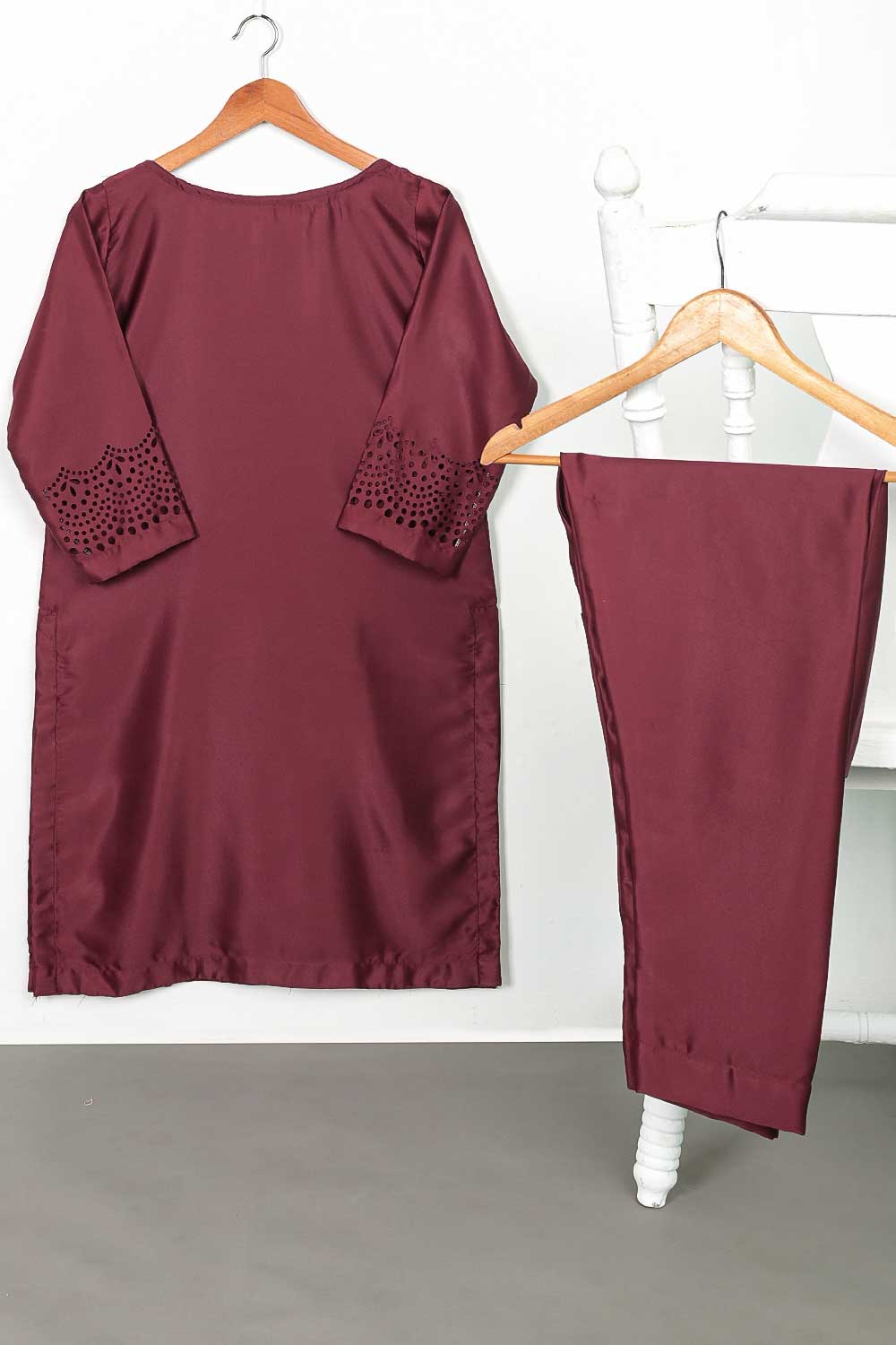 STP-096A-Maroon - 2Pc Silk Laser Cutwork With Silk Trouser