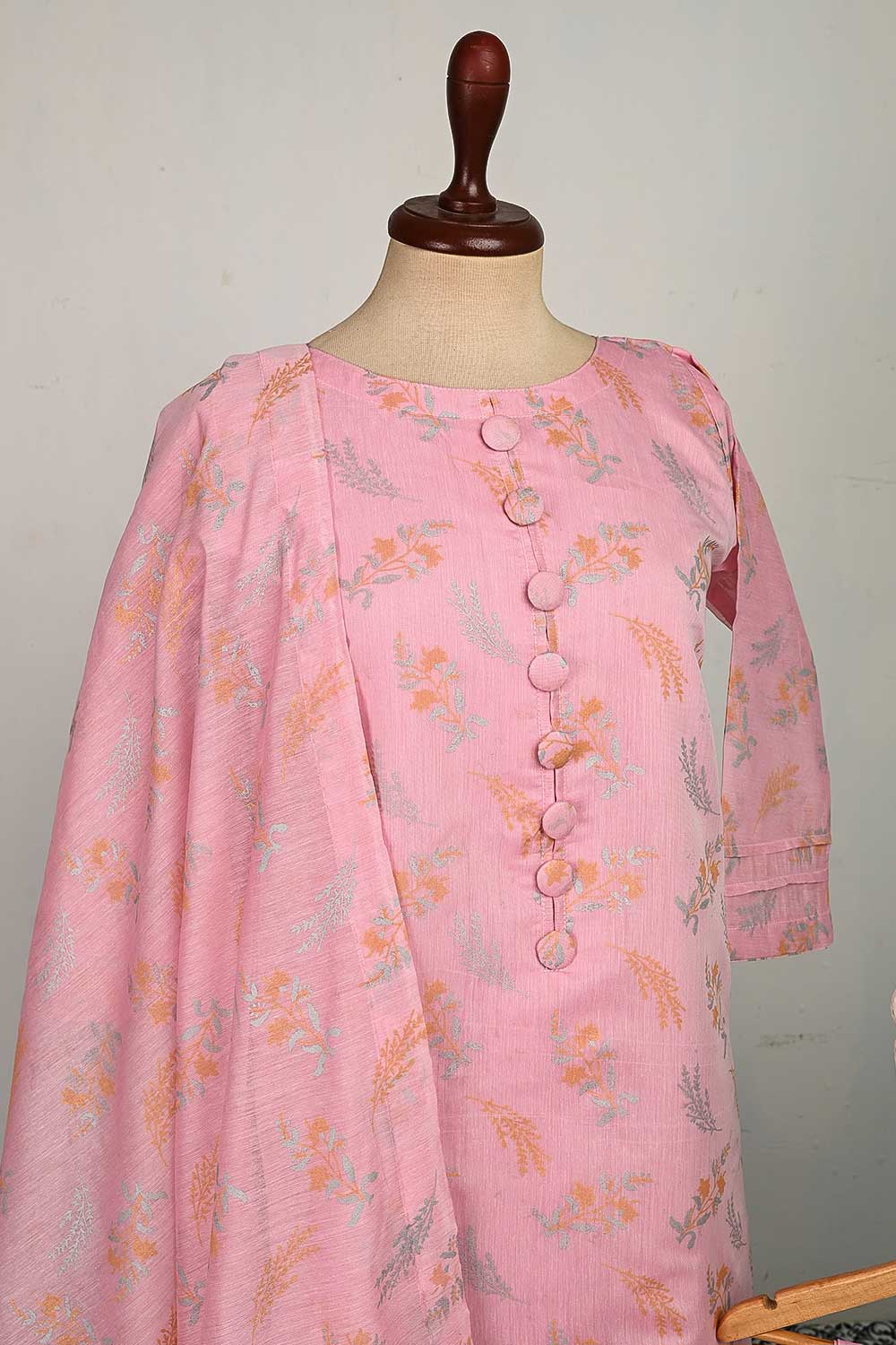 RTW-82-Pink -  3Pc Stitched Gold Print Paper Cotton Dress