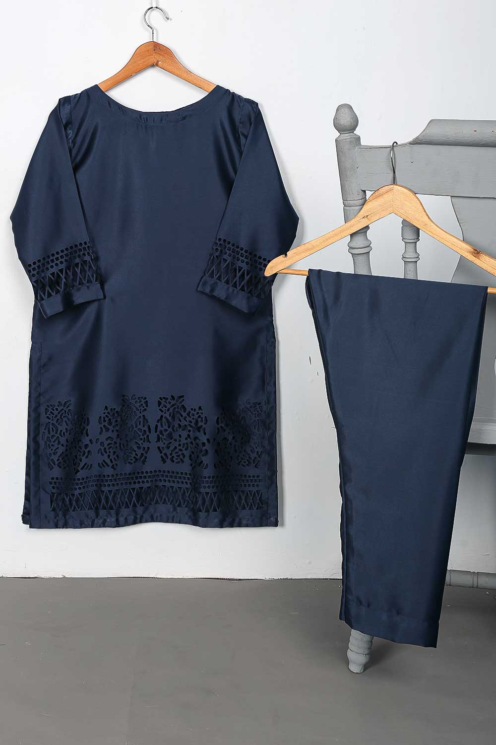 STP-074D-NavyBlue - 2Pc Silk Laser Cutwork With Silk Trouser