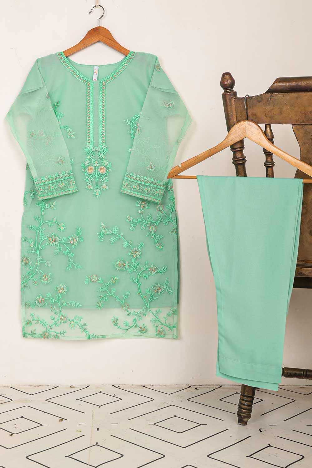 STP-043A-SeaGreen - 2Pc Organza Embroidered With Malai Trouser