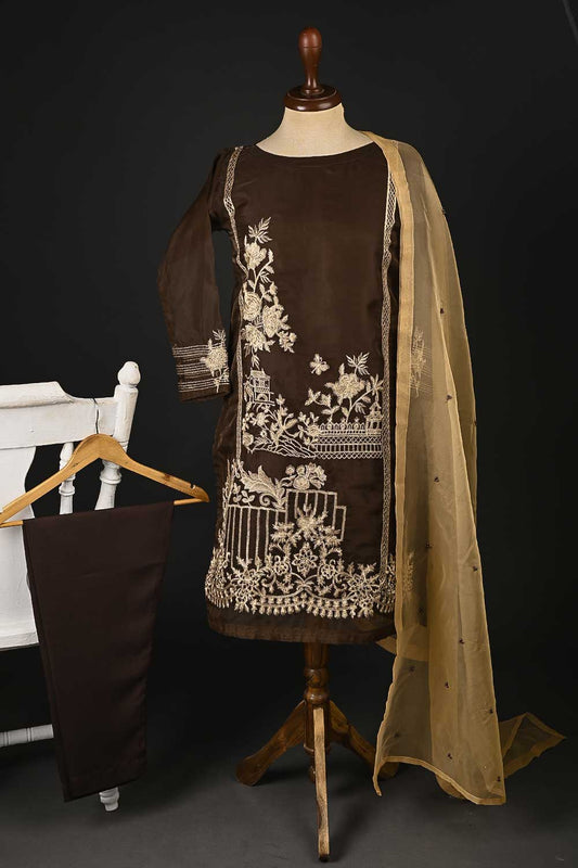 RTW-64-Brown -  3Pc Stitched Embroidered Organza Dress