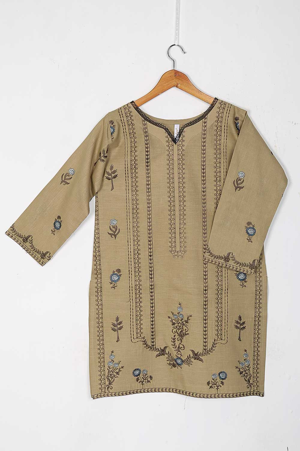 TS-227A-Khaki - Cotton Embroidered Stitched Kurti