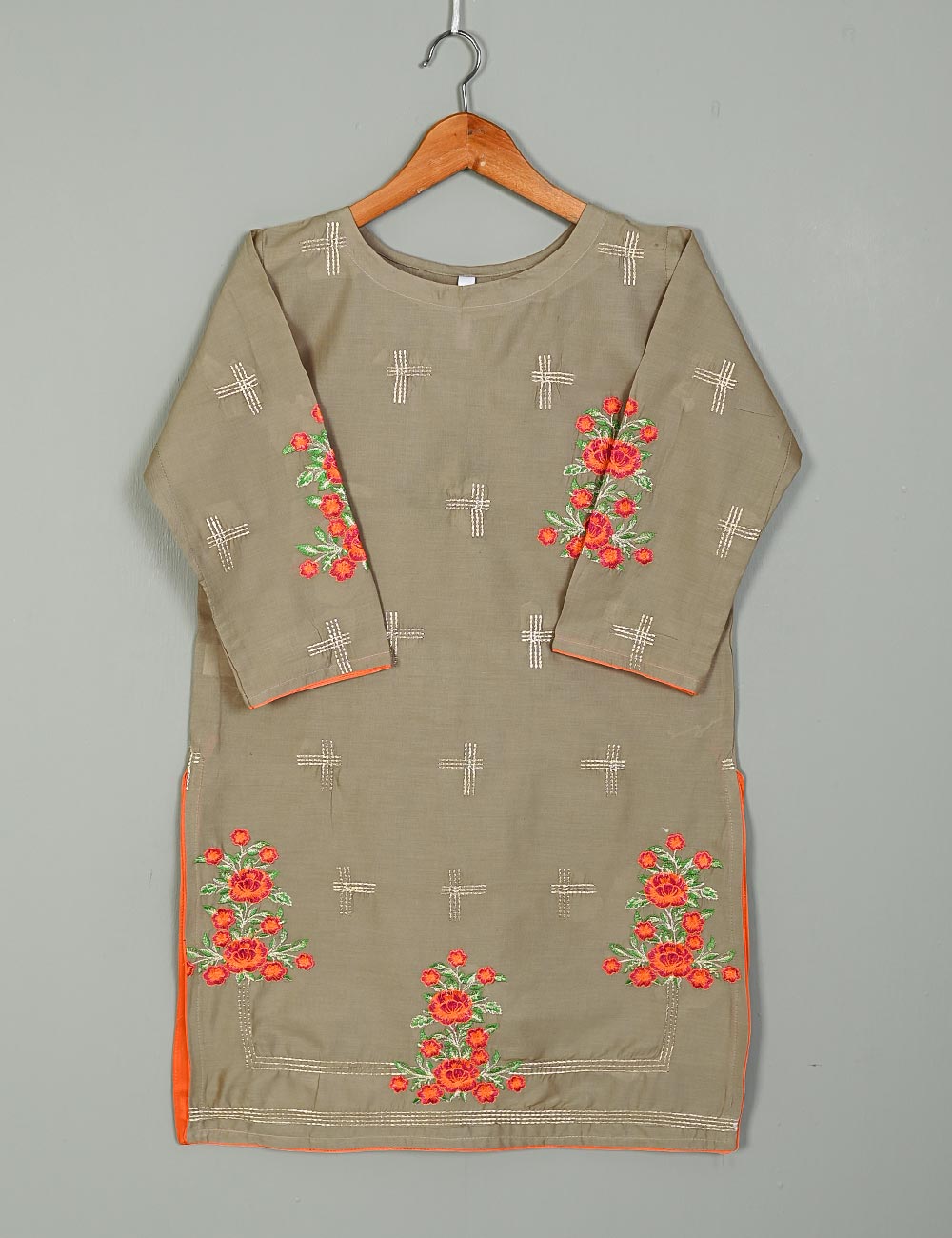 T20-025B-Brown - Cotton Embroidered Kurti