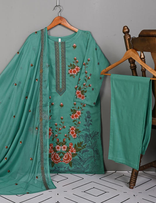 SEC-1A-SeaGreen - 3Pc Stitched Cotton Embroidered Dress With Chiffon Embroidered Dupatta
