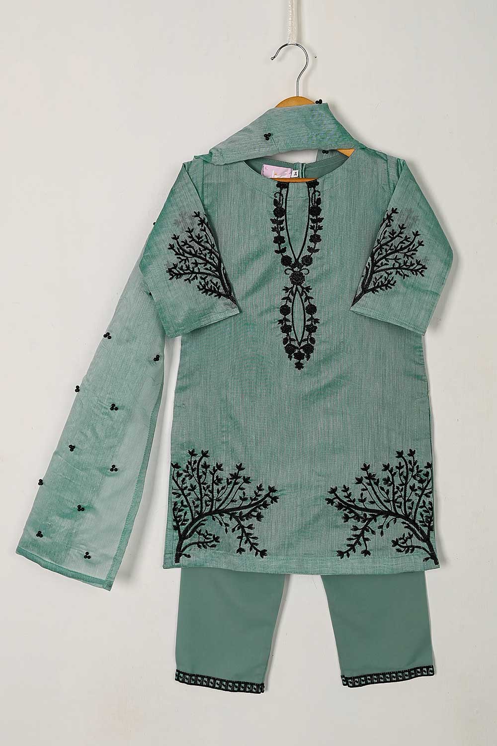 TKF-32-GreyishBlue - Kids 3Pc Paper Cotton Dress With Malai Trouser