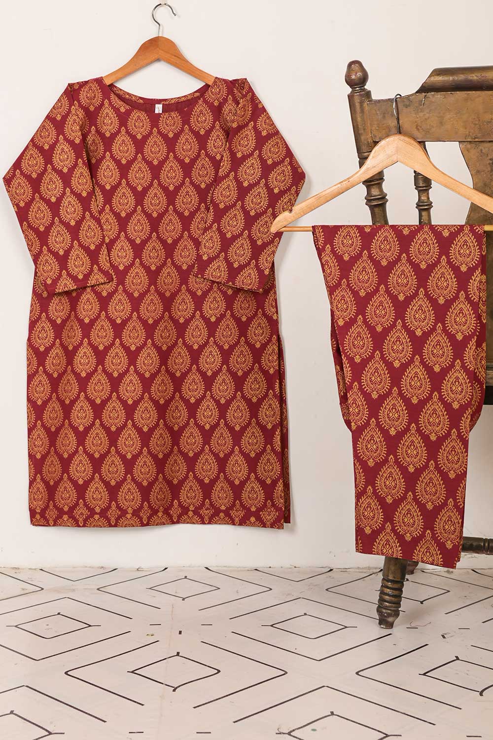 STP-054A-Maroon - 2PC COTTON PRINTED STITCHED