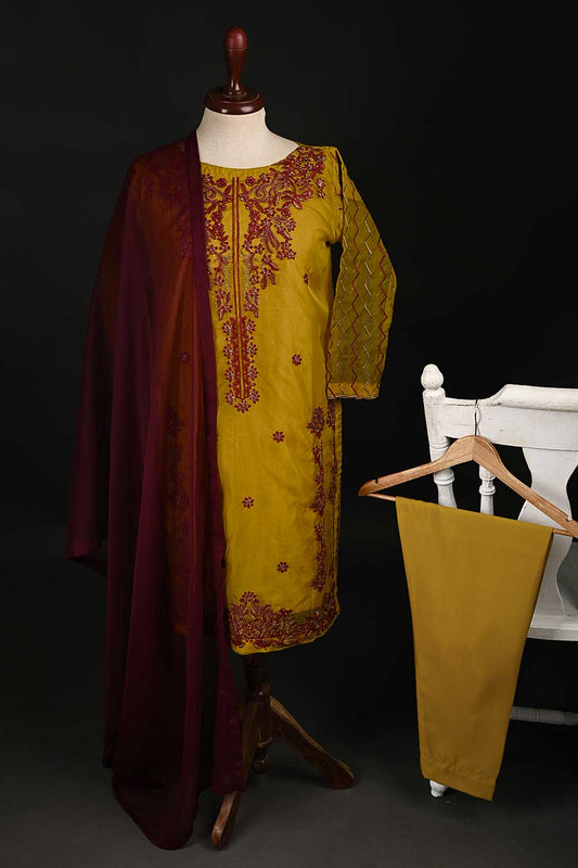 RTW-109-Mustard - 3Pc Stitched Embroidered Organza Dress