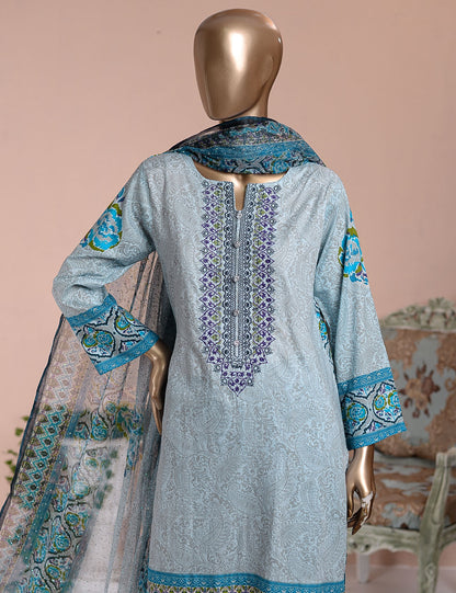 3 Pc Unstitched Lawn Embroidered Dress with Net Dupatta - Pelagic Sea - (FE-01)