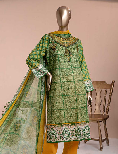 3 Pc Unstitched Lawn Embroidered Dress with Chiffon Dupatta - Green Field  - (FE-07)