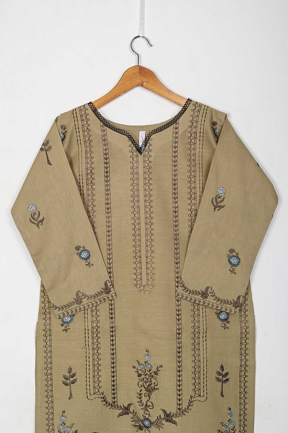 TS-227A-Khaki - Cotton Embroidered Stitched Kurti