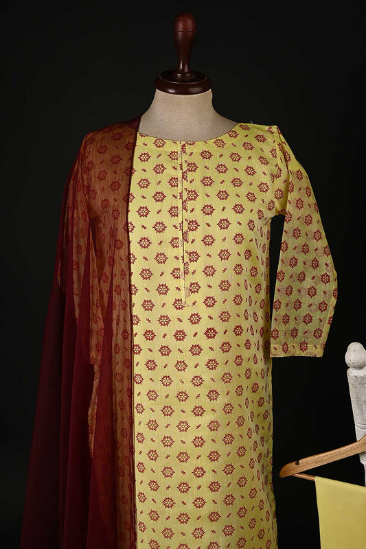 RTW-99-Yellow -  3Pc Stitched Paper Cotton Printed Dress
