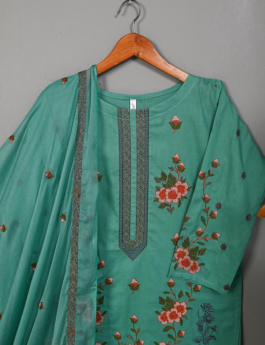 SEC-1A-SeaGreen - 3Pc Stitched Cotton Embroidered Dress With Chiffon Embroidered Dupatta