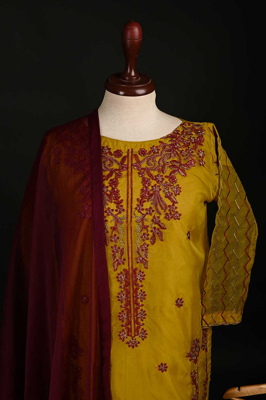 RTW-109-Mustard - 3Pc Stitched Embroidered Organza Dress