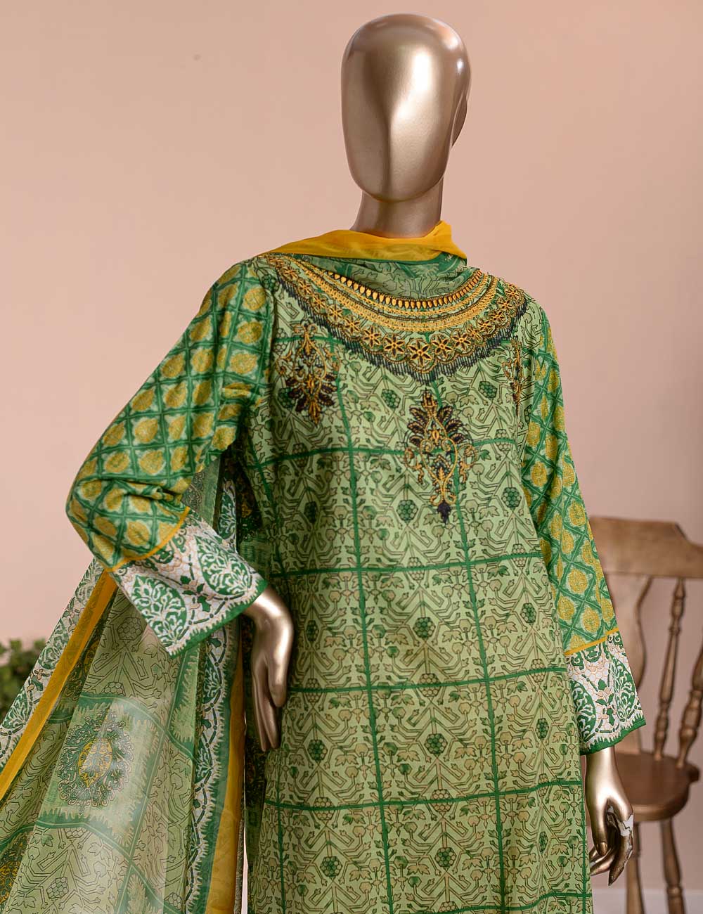 3 Pc Unstitched Lawn Embroidered Dress with Chiffon Dupatta - Green Field  - (FE-07)