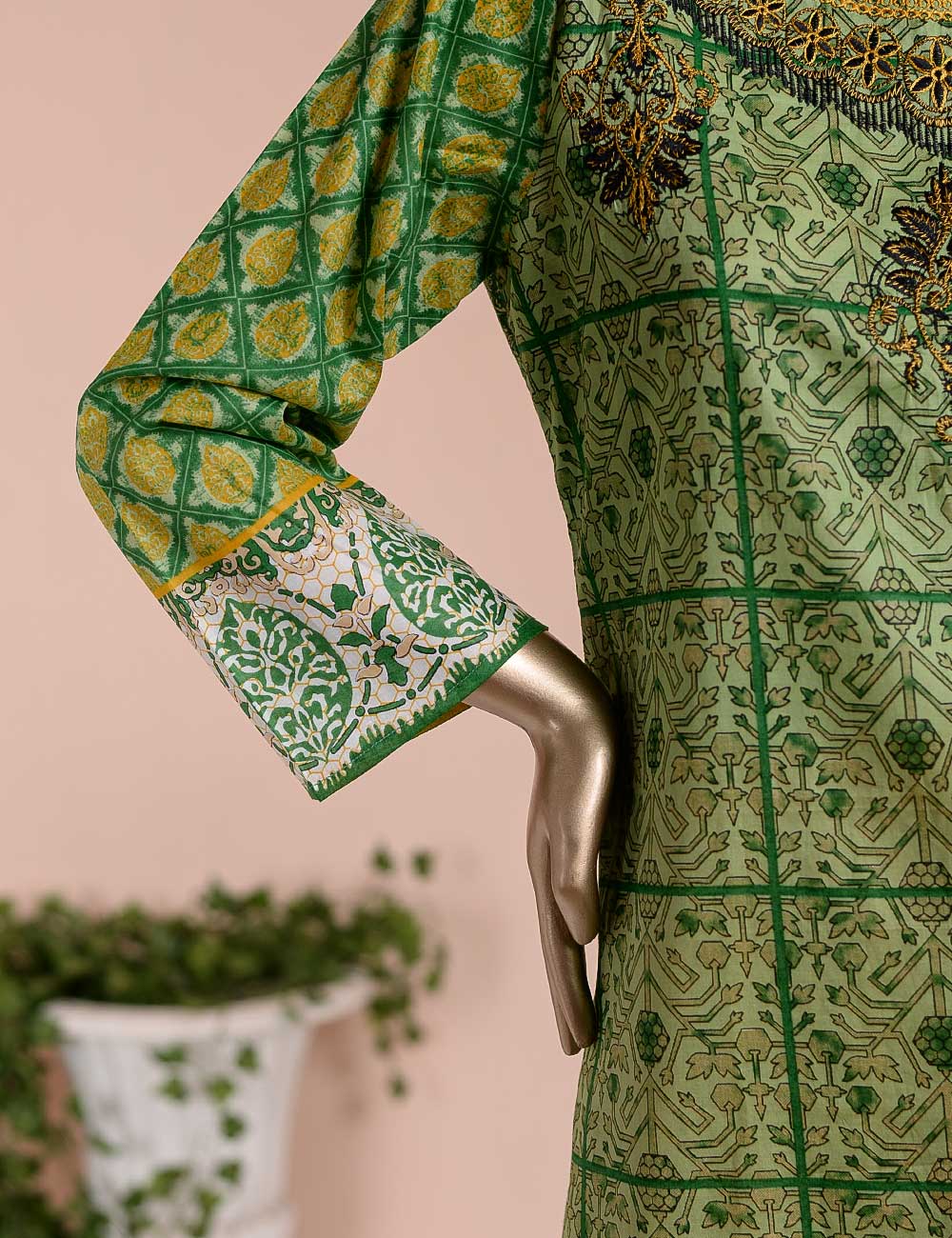 3 Pc Unstitched Lawn Embroidered Dress with Chiffon Dupatta - Green Field  - (FE-07)