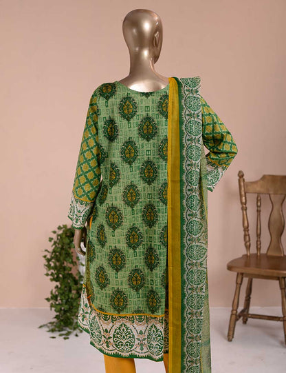 3 Pc Unstitched Lawn Embroidered Dress with Chiffon Dupatta - Green Field  - (FE-07)