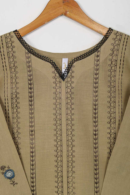 TS-227A-Khaki - Cotton Embroidered Stitched Kurti