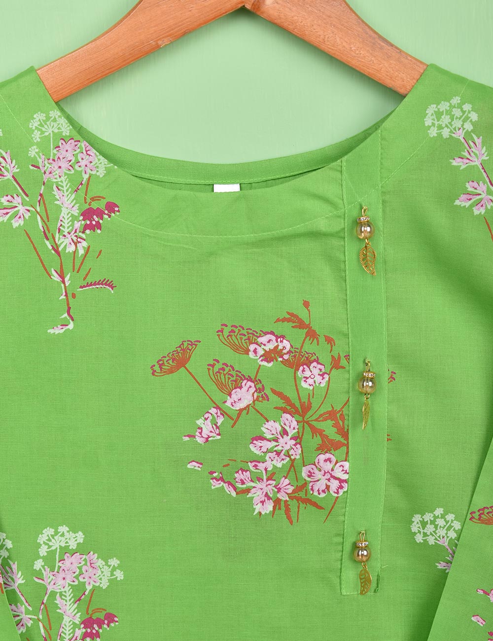 Cotton Printed Stitched Kurti Embellished With Tassels On Neckline - (TS-072A-Green)