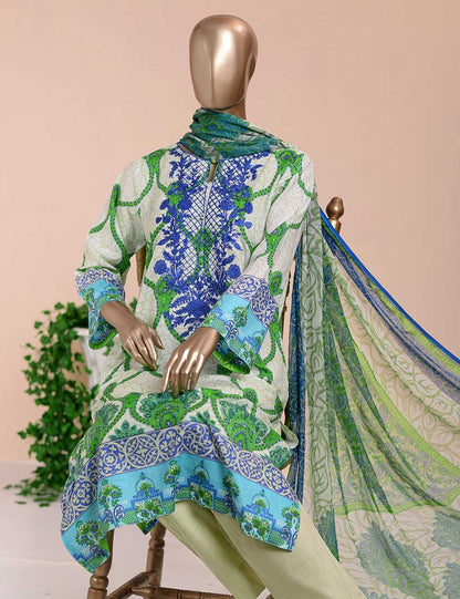 3 Pc Unstitched Lawn Embroidered Dress with Chiffon Dupatta - Bamboo  - (FE-06)