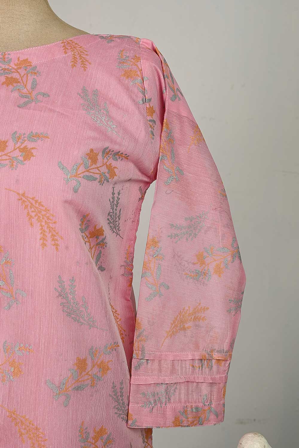 RTW-82-Pink -  3Pc Stitched Gold Print Paper Cotton Dress