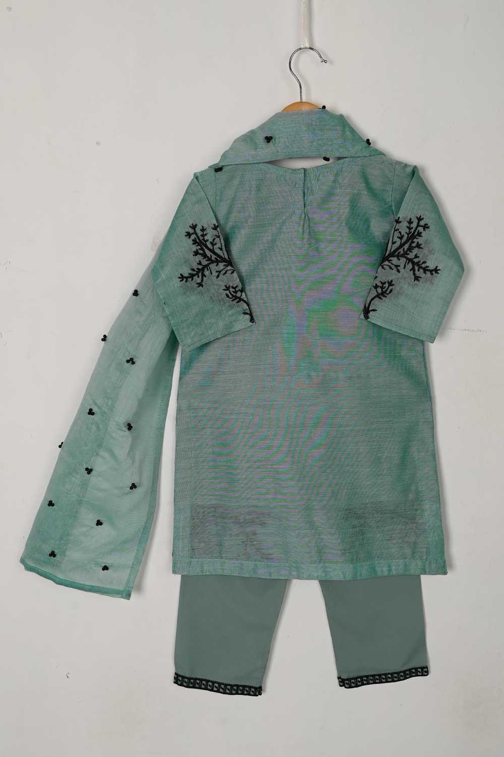 TKF-32-GreyishBlue - Kids 3Pc Paper Cotton Dress With Malai Trouser