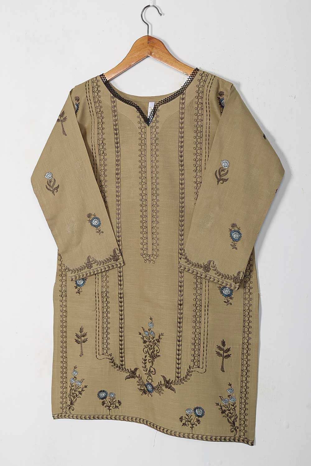 TS-227A-Khaki - Cotton Embroidered Stitched Kurti