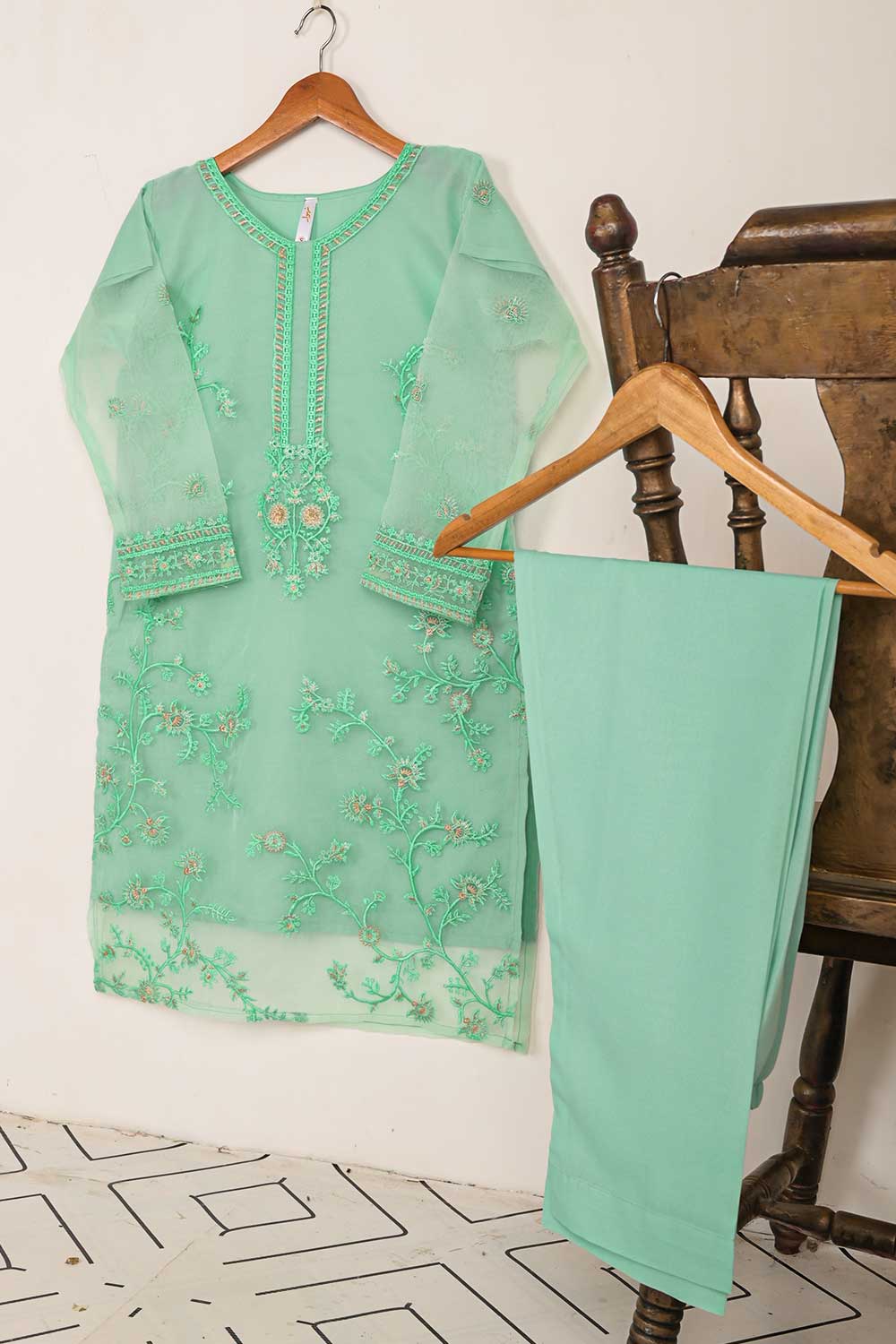 STP-043A-SeaGreen - 2Pc Organza Embroidered With Malai Trouser