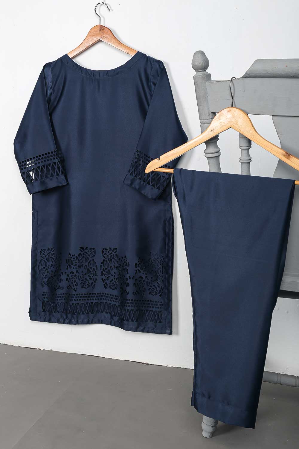 STP-074D-NavyBlue - 2Pc Silk Laser Cutwork With Silk Trouser