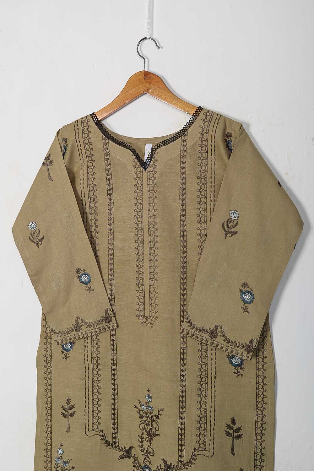 TS-227A-Khaki - Cotton Embroidered Stitched Kurti