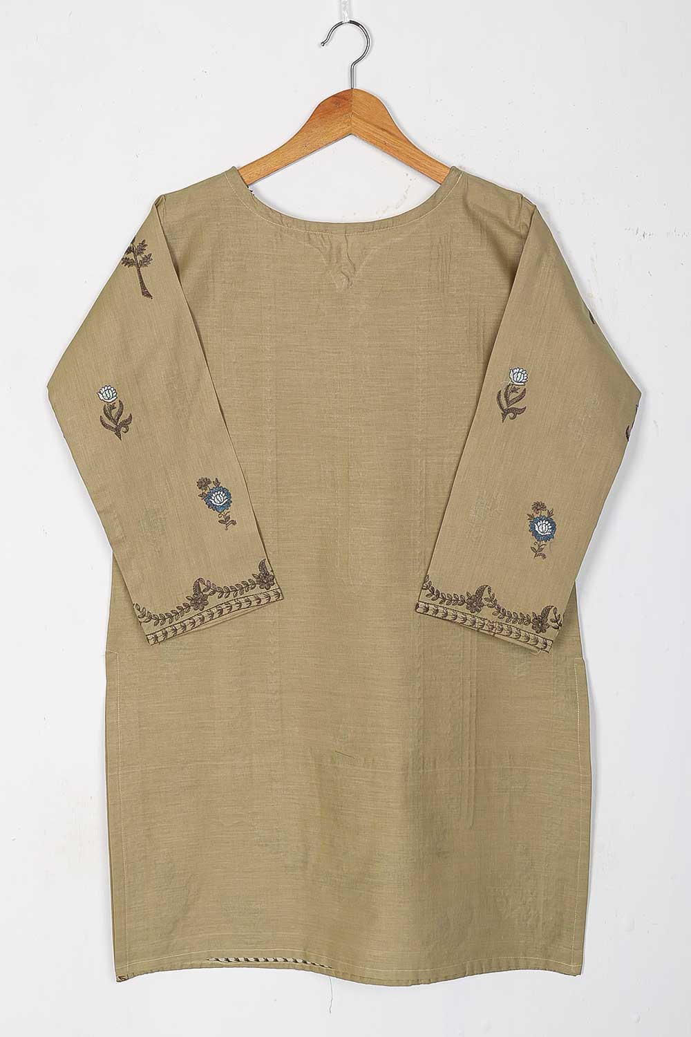 TS-227A-Khaki - Cotton Embroidered Stitched Kurti