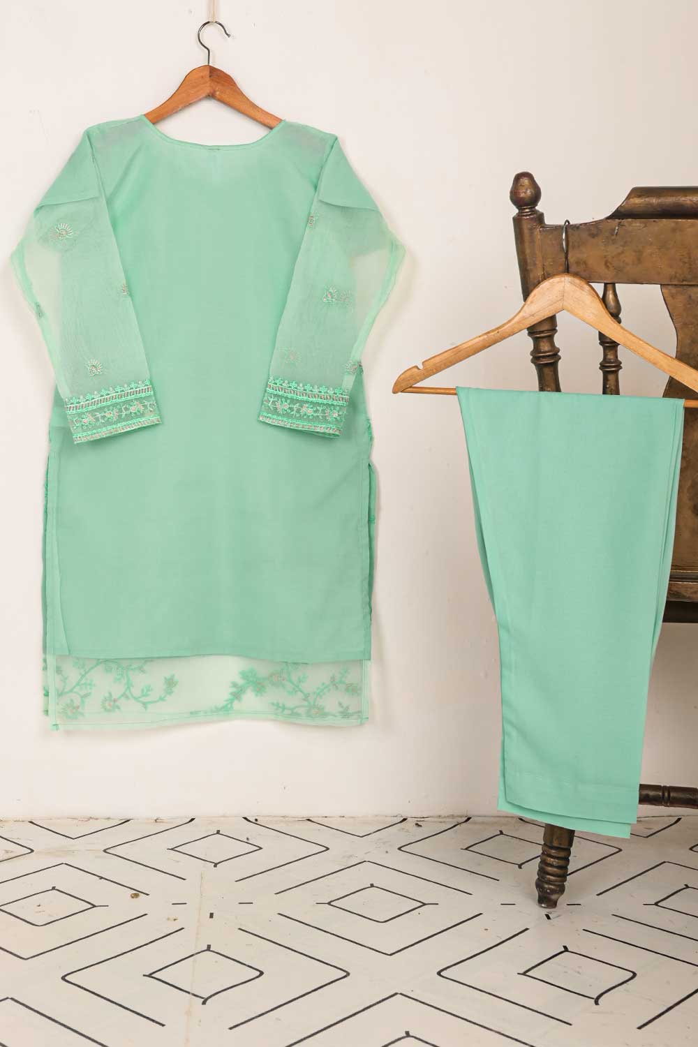 STP-043A-SeaGreen - 2Pc Organza Embroidered With Malai Trouser