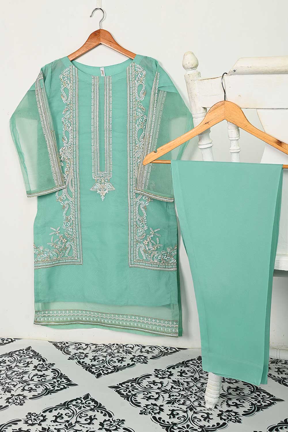 STP-125A-SeaGreen - 2Pc Organza With Malai Trouser