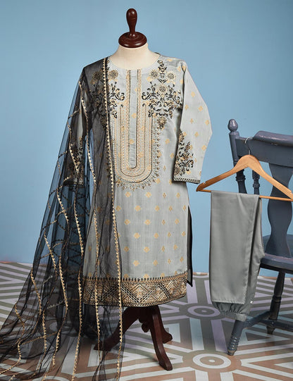 Jacquard Paper Cotton with Embroidered Net Dupatta &amp; Malai Silk Trouser - Autumn Love (RTW-10-Grey)