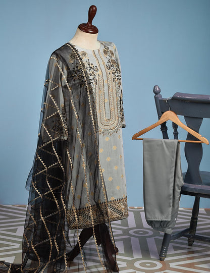 Jacquard Paper Cotton with Embroidered Net Dupatta &amp; Malai Silk Trouser - Autumn Love (RTW-10-Grey)