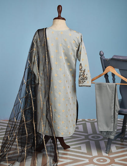 Jacquard Paper Cotton with Embroidered Net Dupatta &amp; Malai Silk Trouser - Autumn Love (RTW-10-Grey)